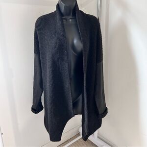 Eileen Fisher Black Wool and Yak Open-Front cardigan with genuine leather sleeve